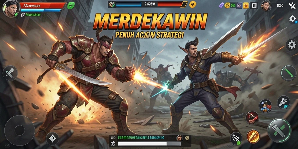 Tampilan screenshot utama MERDEKAWIN menampilkan aksi pertarungan yang intens.