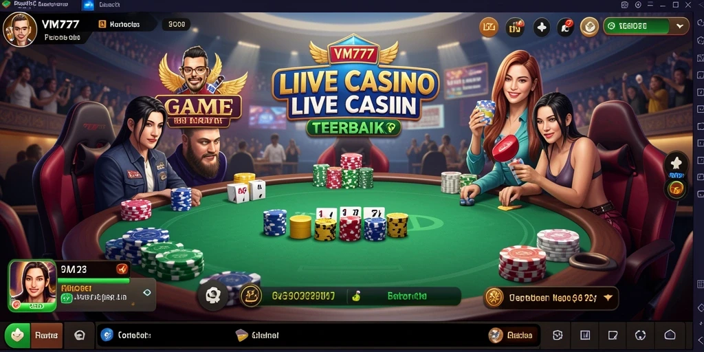 Screenshot utama VM777 menampilkan dealer langsung dan permainan yang mendebarkan.